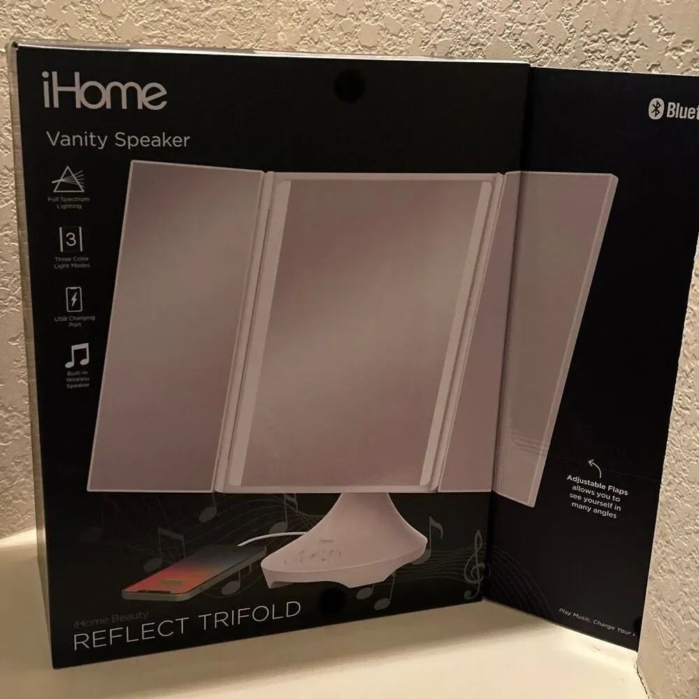 iHome Vanity Mirror With Bluetooth Speaker White Trifold Light Up Makeup New Box